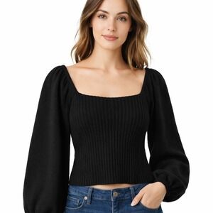 Halogen Ribbed Knit Puff Sleeve Sweater Top Womens Medium Black Square Neck Chic
